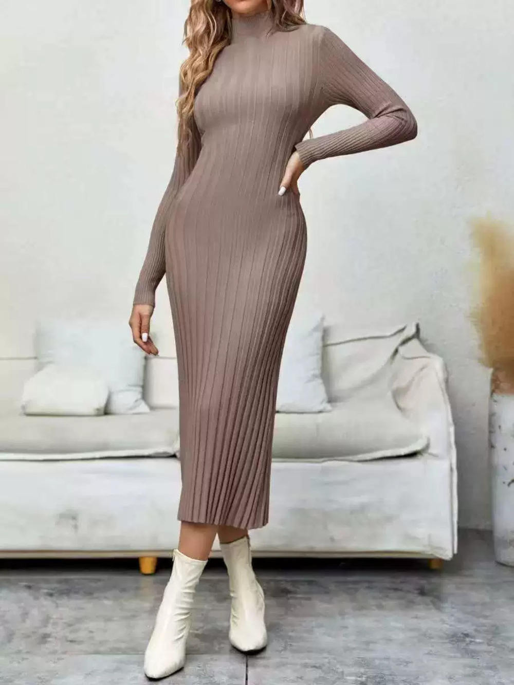 ZARA Womens Elegant Knit Maxi Dress Long Sleeve Stretchy Waist Hip Lift Bodycon